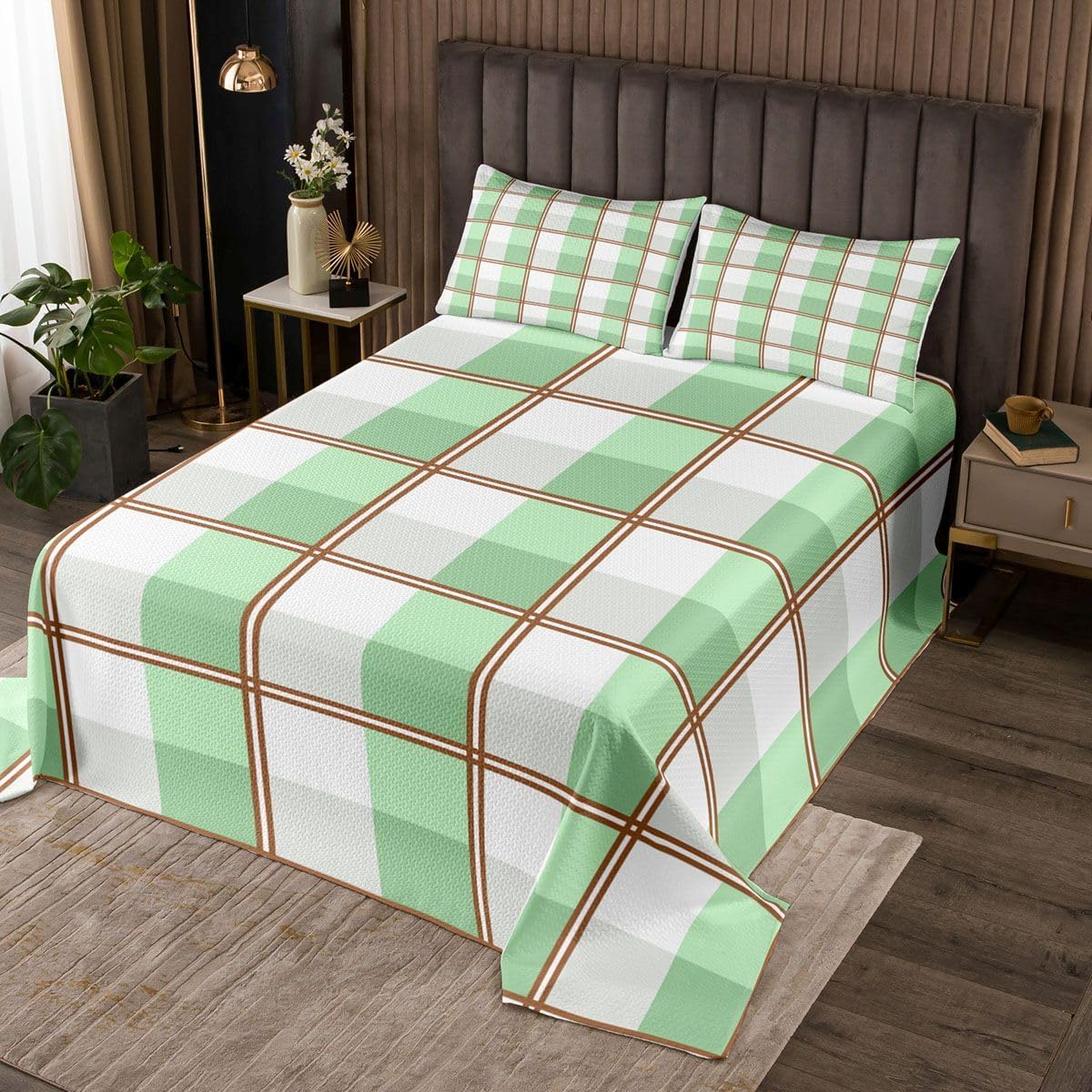 jejeloiu Checkered Bedspread Quilts Light Green White Plaid Coverlet Set Twin Size for Kids Boys Girls Geometric Quilted Coverlet for All Season with 1 Pillowcase Luxury Microfiber