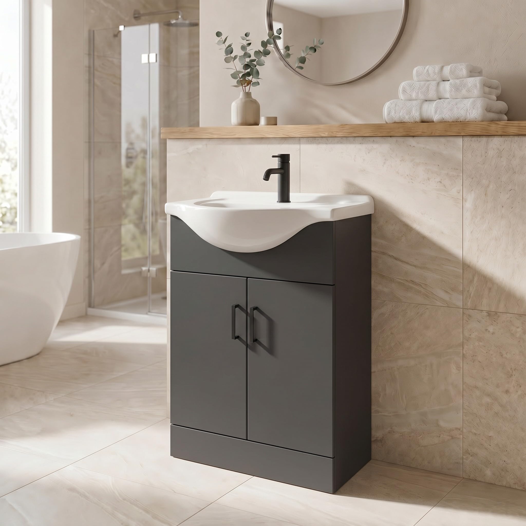 Affineยฎ 650mm Vanity Unit Basin Sink Bathroom Storage Cabinet Cupboard Freestanding, Single Tap Hole Ceramic Wash Basins, Soft Close Door, Matt Black