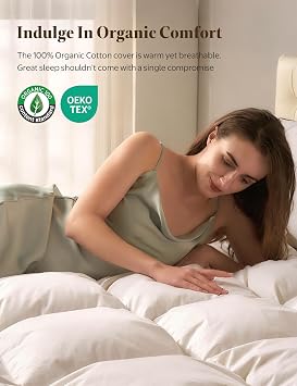 BPC Goose Feather Down Fiber Comforter Queen Size 100% Organic Cotton Cover, 750 Fill Power Extra Fluffy All Season Duvet Insert, Medium Warmth (90x90, White)