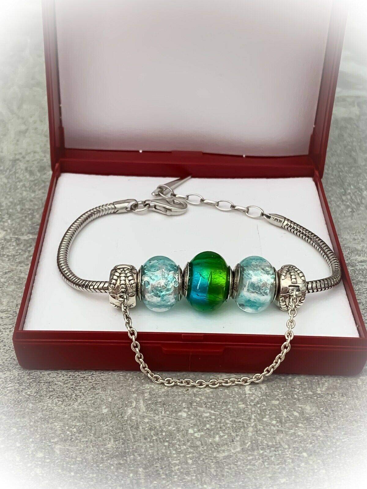 Bracciale con ciondoli a 3 perline, in vetro di Murano, colore: Blu/Verde autentico e argento 925 rodiato