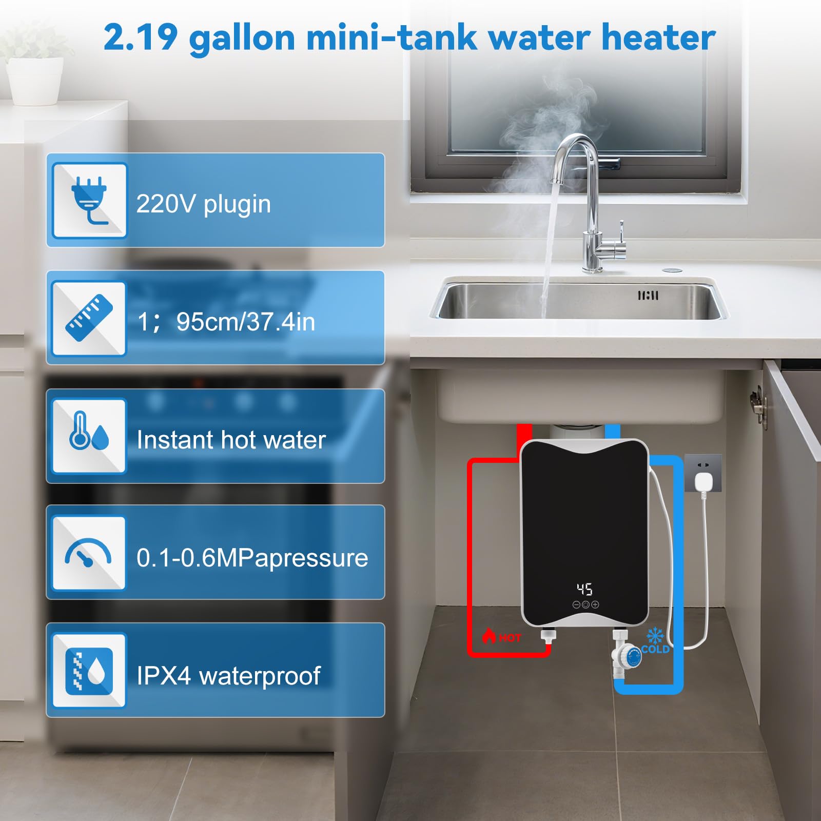 Elektrischer Durchlauferhitzer, 5500 W 230 V Warmwasserbereiter mit LED-Temperaturanzeige, 30–55 °C Mini Instant Elektro Wassererhitzer, IPX4 Wasserdichter für Dusche, Badezimmer, Küche