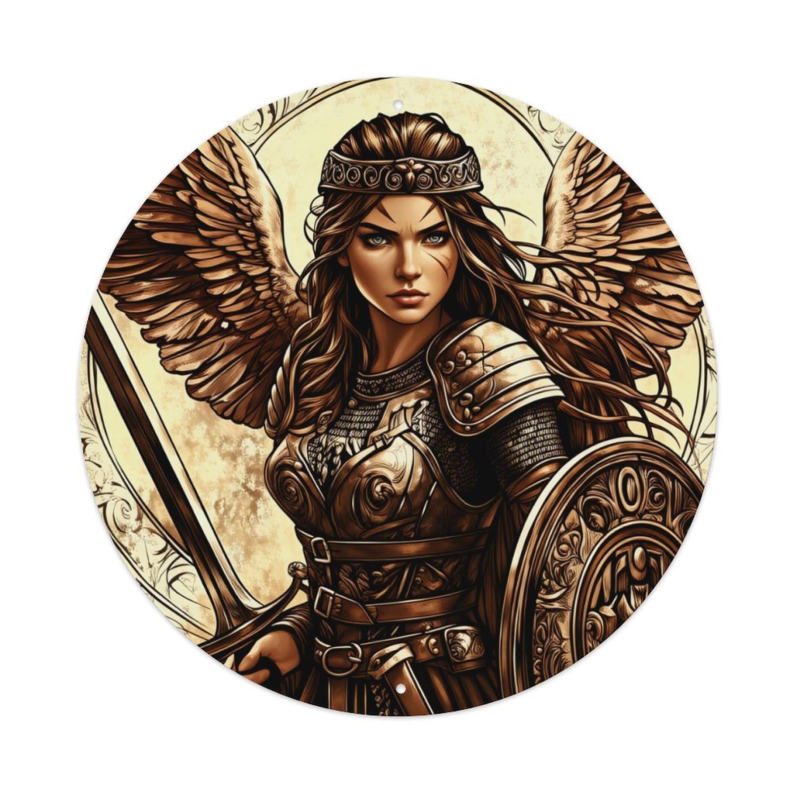 Angel Warrior Armor Wings Shield Round Tin Sign Vintage Metal Poster, Home Bar Garage Man Cave Cafe Indoor & Outdoor Wall Decoration 8x8Inches
