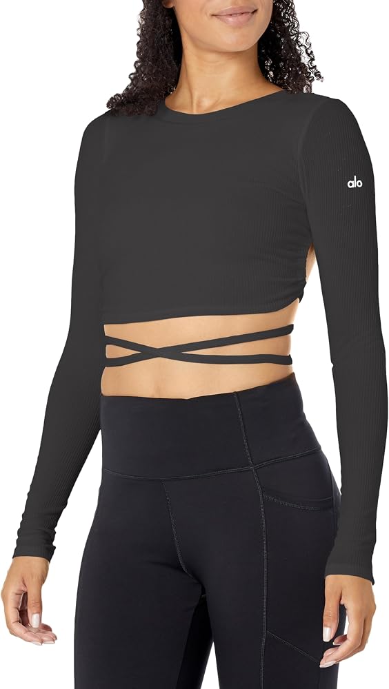 Alo Yoga Women's Ribbed Wrap It Up Long Sleeve, Black, Medium
