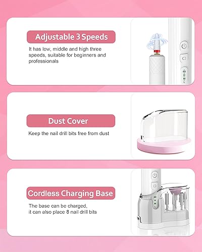 Miniatura 3 de Taladro de uñas, limas eléctricas inalámbricas para uñas de gel E-File Kit de manicura para mujeres Taladro recargable para uñas profesional,