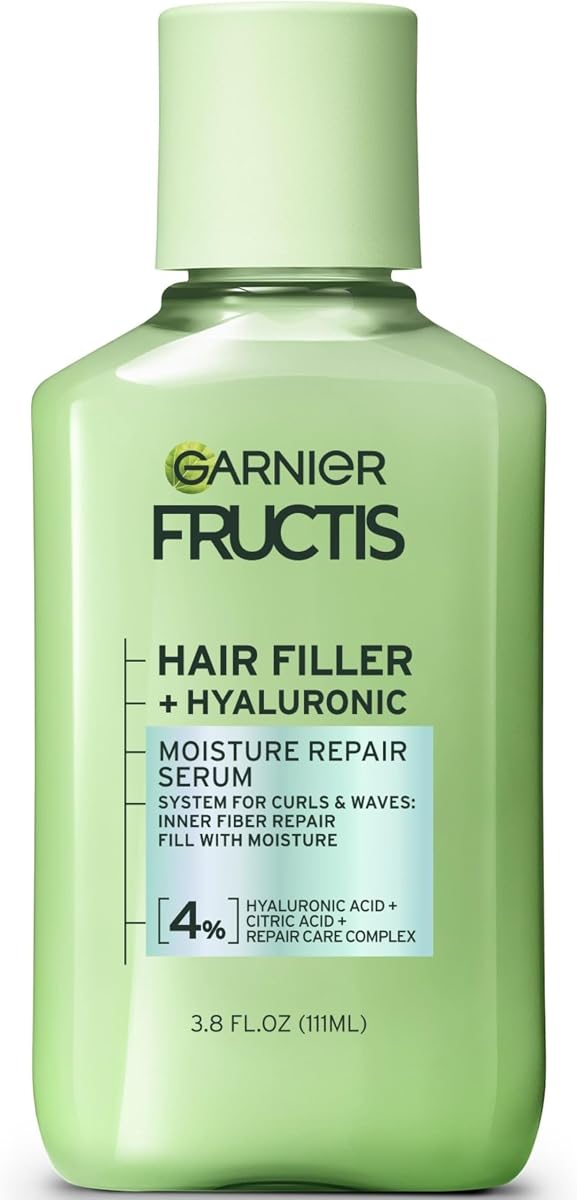 Tratamiento de suero reparador de humedad con relleno capilar Fructis, suero capilar hidratante para rizos y ondas con ácido hialurónico, 3.75 Fl Oz, 1 cuenta