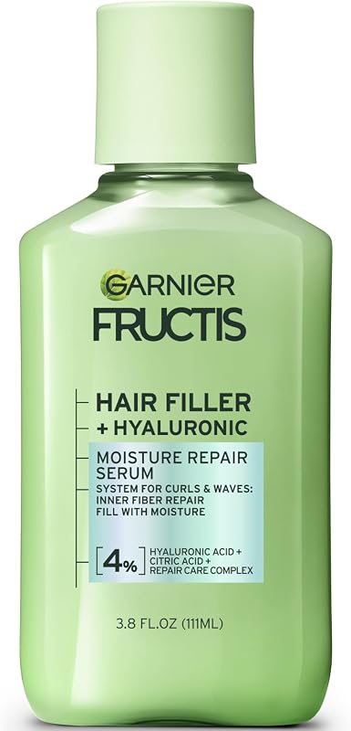 Tratamiento de suero reparador de humedad con relleno capilar Fructis, suero capilar hidratante para rizos y ondas con ácido hialurónico, 3.75 Fl Oz, 1 cuenta