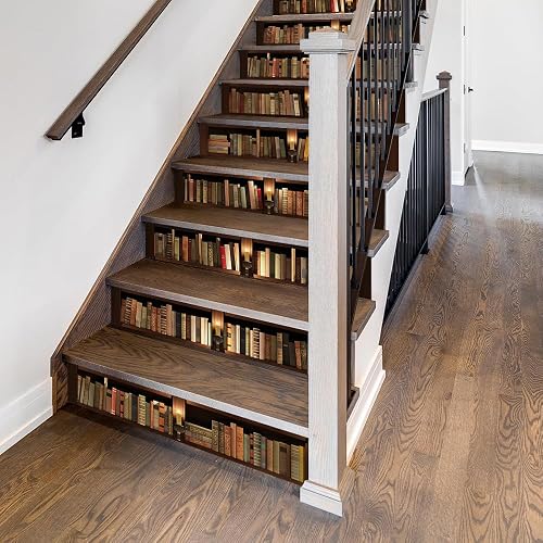 Vintage Bookshelf Stair Stickers, Self-Adhesive Vinyl Decals, 39.37x7.09 Inches, Set