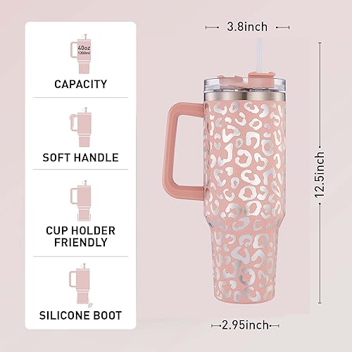 Miniatura 3 de TINVSKQQKJ Vaso de 40 onzas con estampado de leopardo con asa, taza de café aislada de acero inoxidable con estampado de leopardo negro para
