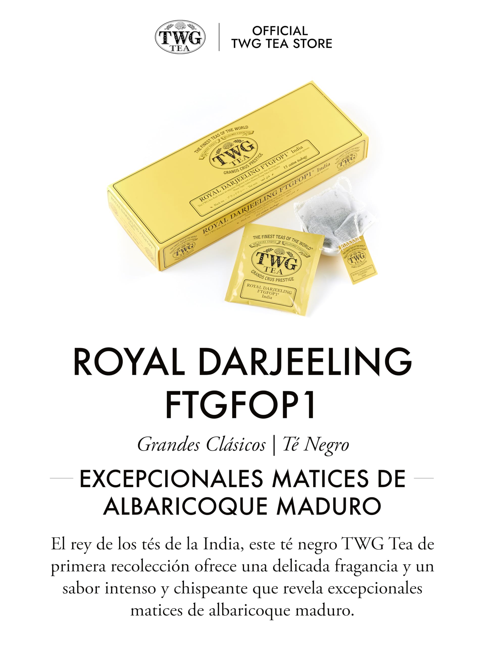 TWG Tea | Royal Darjeeling FTGFOP1 | Té Negro | Albaricoques Maduros | 15 Bolsitas de Té de Algodón Cosidas a Mano | Caja de Regalo Originales
