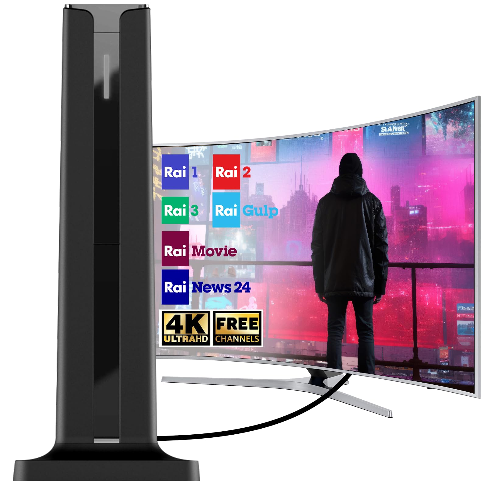 Antenna TV Interna con Base Adesiva – Ricezione 360° DVB-T2/TDT – Supporto Full HD e 4K UHD – Segnale Stabile per Canali Gratuiti – Cavo 3 m