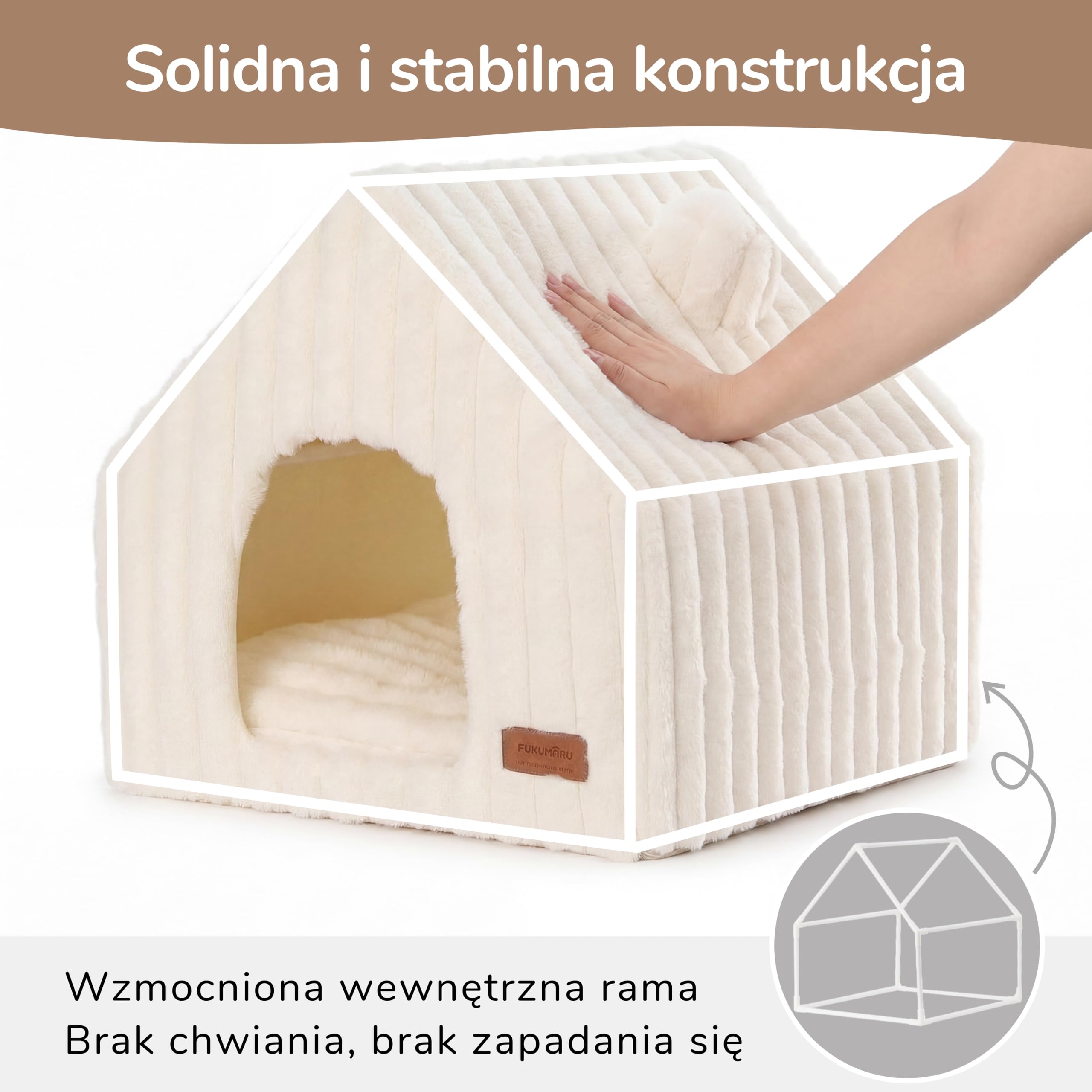 FUKUMARU Legowisko dla Kotów i Małych Psów – Półzamknięte, z Miękką Poduszką, Wykonane ze Sztucznego Futra Królika, 44 cm, Zmywalne, Kremowy