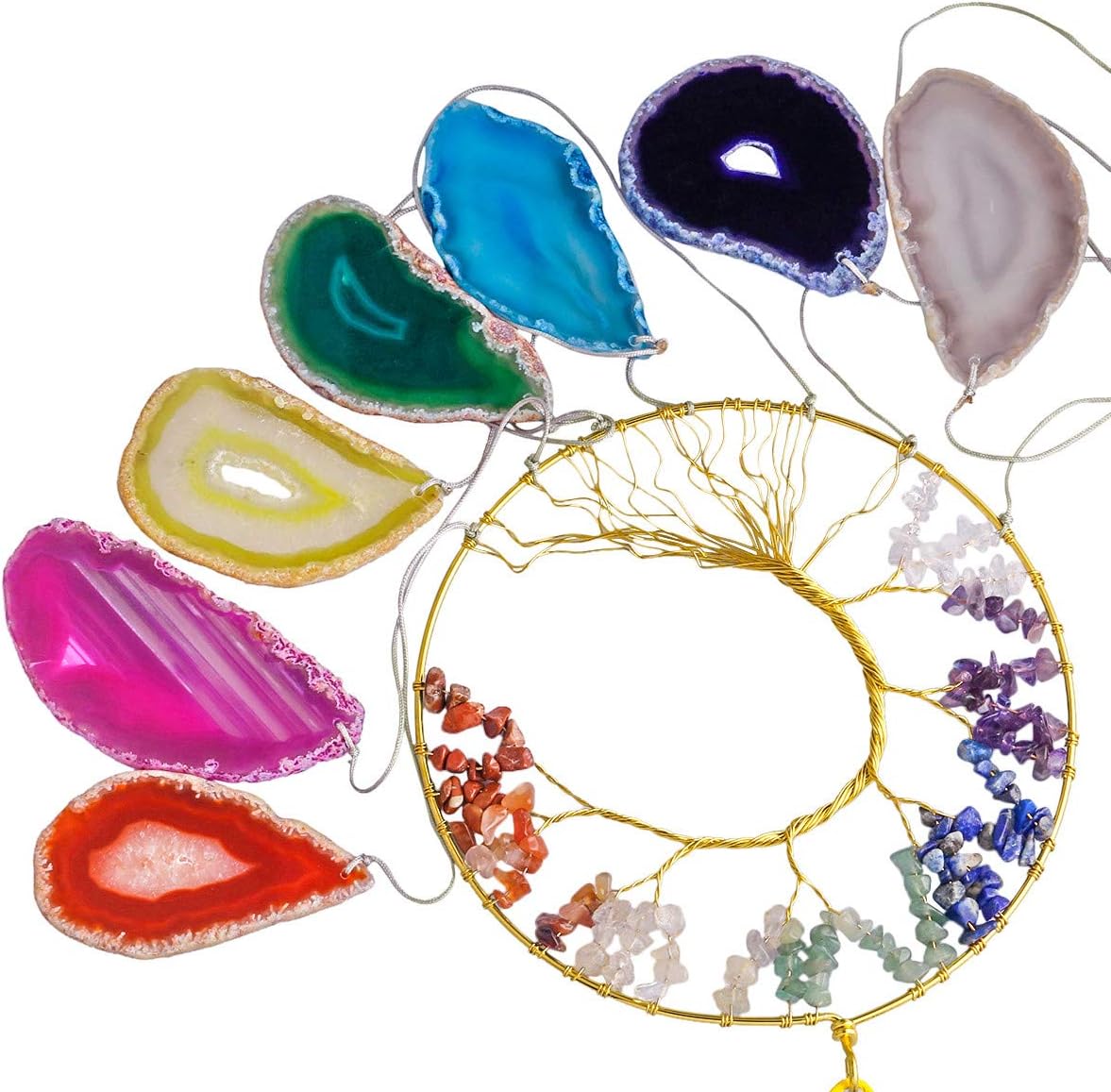 mookaitedecor 7 Chakra Crystal Tree of Life with Agate Slices Wind Chimes, Wall Hanging Ornaments Window Home Decor 25-27 Inch