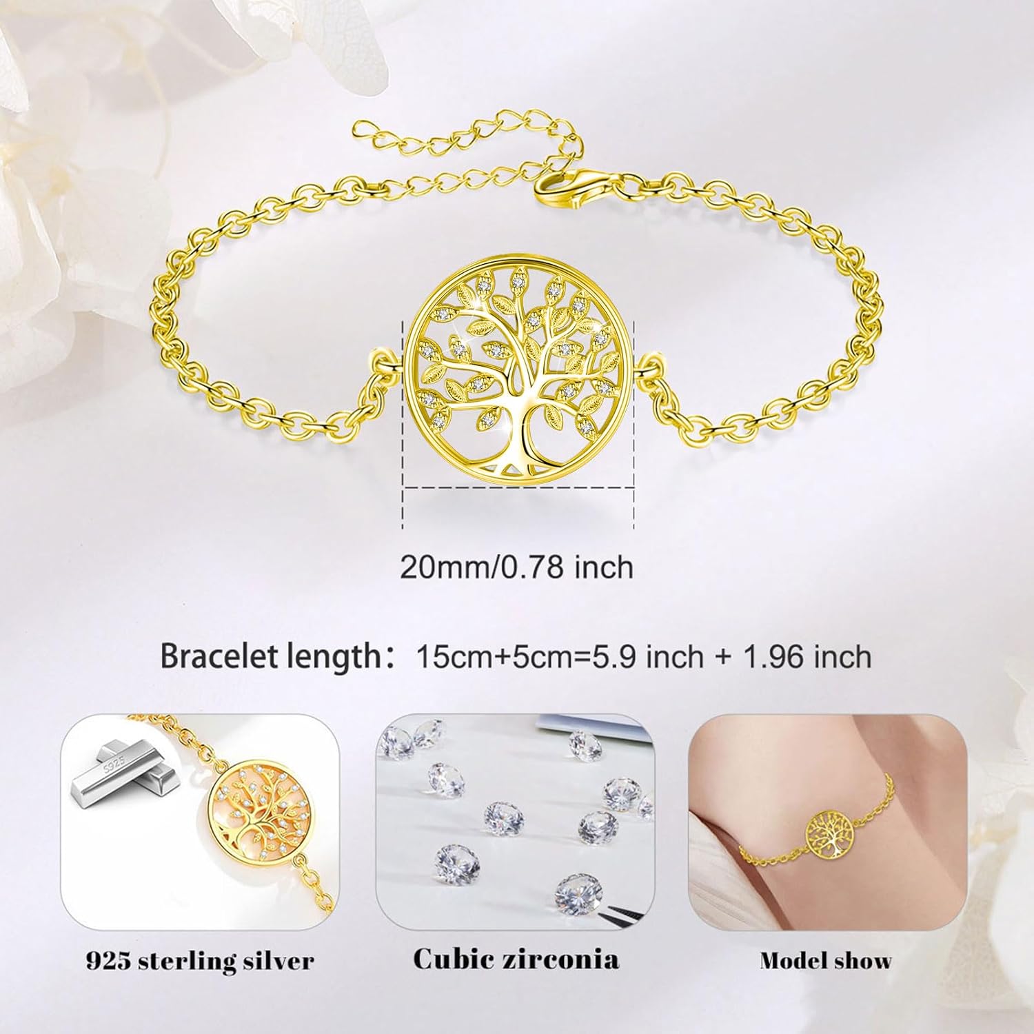 AEONSLOVE 925 Sterling Silver Tree of Life Bracelets for Women, Tree of Life Jewelry, Gifts for Mom Wife Grandma Sister
