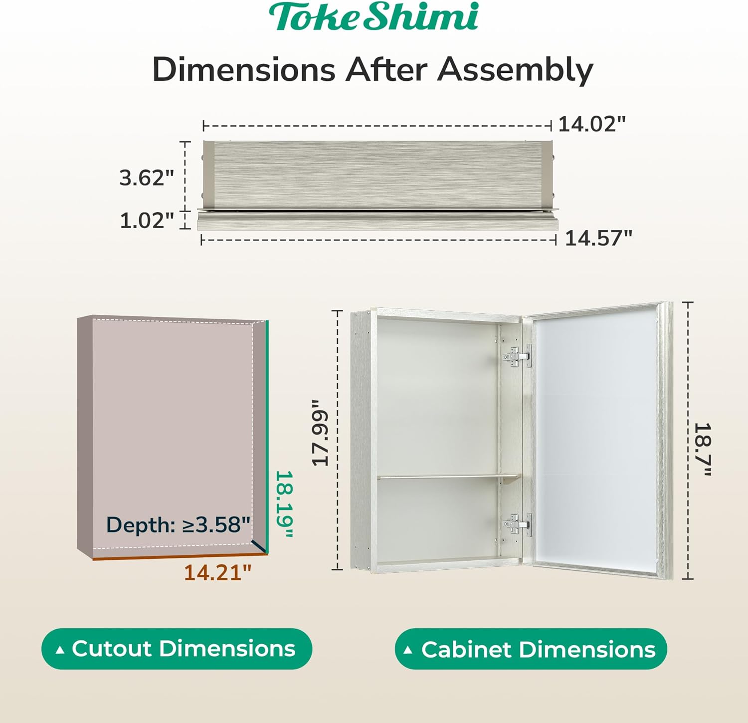 tokeshimi 14 x 18 medicine cabinet mirror, assembly required, brushed nickel bathroom medicine cabinet with mirror, stepless adjustable shelves, tempered glass, beveled aluminum frame brushed nickel 14x18 in