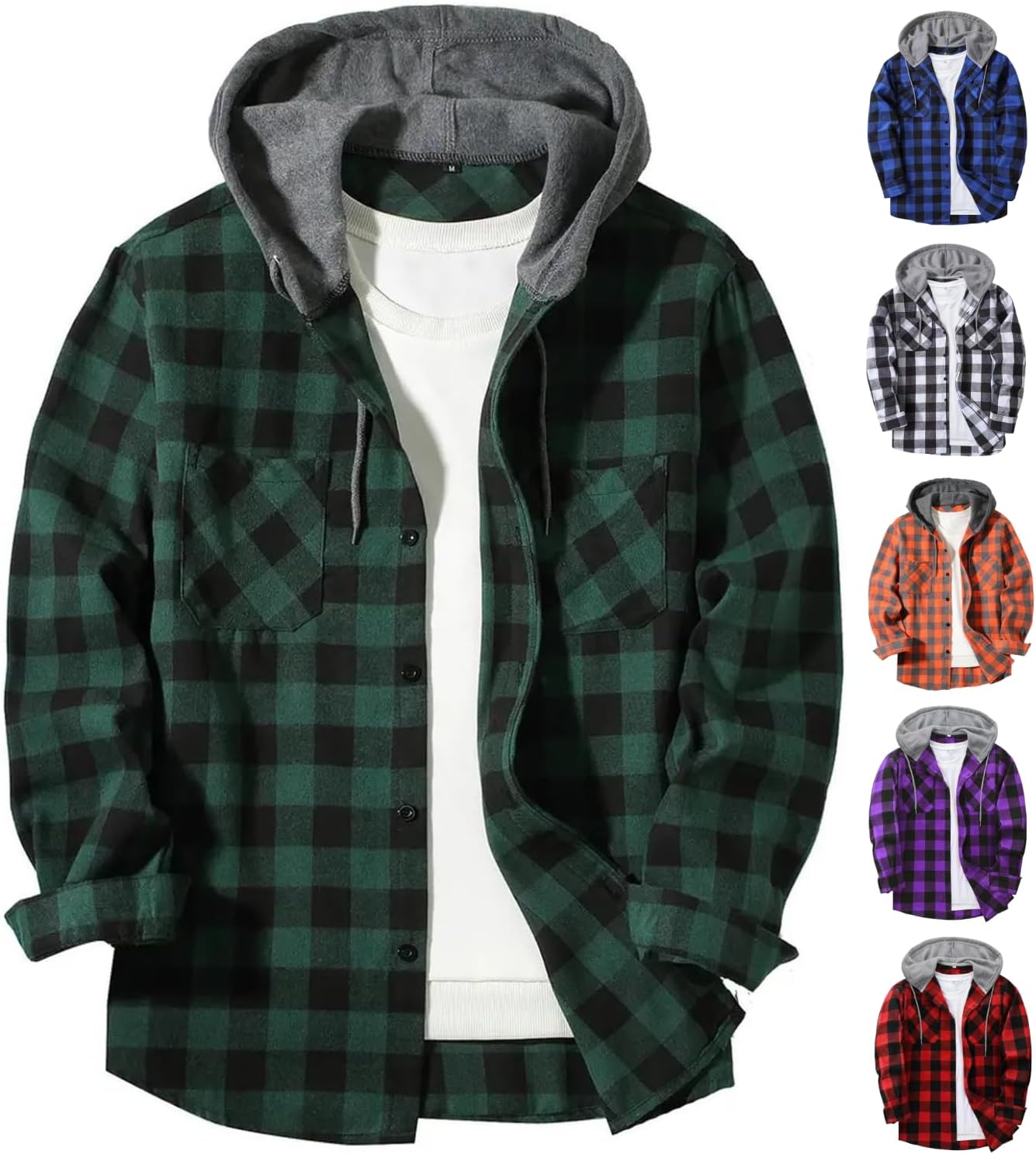 Flannel Shirt for Men Plaid Button Down Hoodie Casual Long Sleeve Shirts Lightweight Hooded Shirt Jacket with Pockets