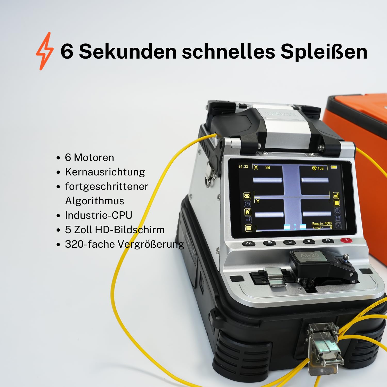 AI-20 Fusion Splicer Glasfaser Spleißgerät mit neu entwickeltem elektrischem Faserschneider, LWL Spleißgerät Kit AI-20 Upgrade von AI-10A mit 6s Spleißen 15s Aufheizen OPM VFL 7800mAh Akku