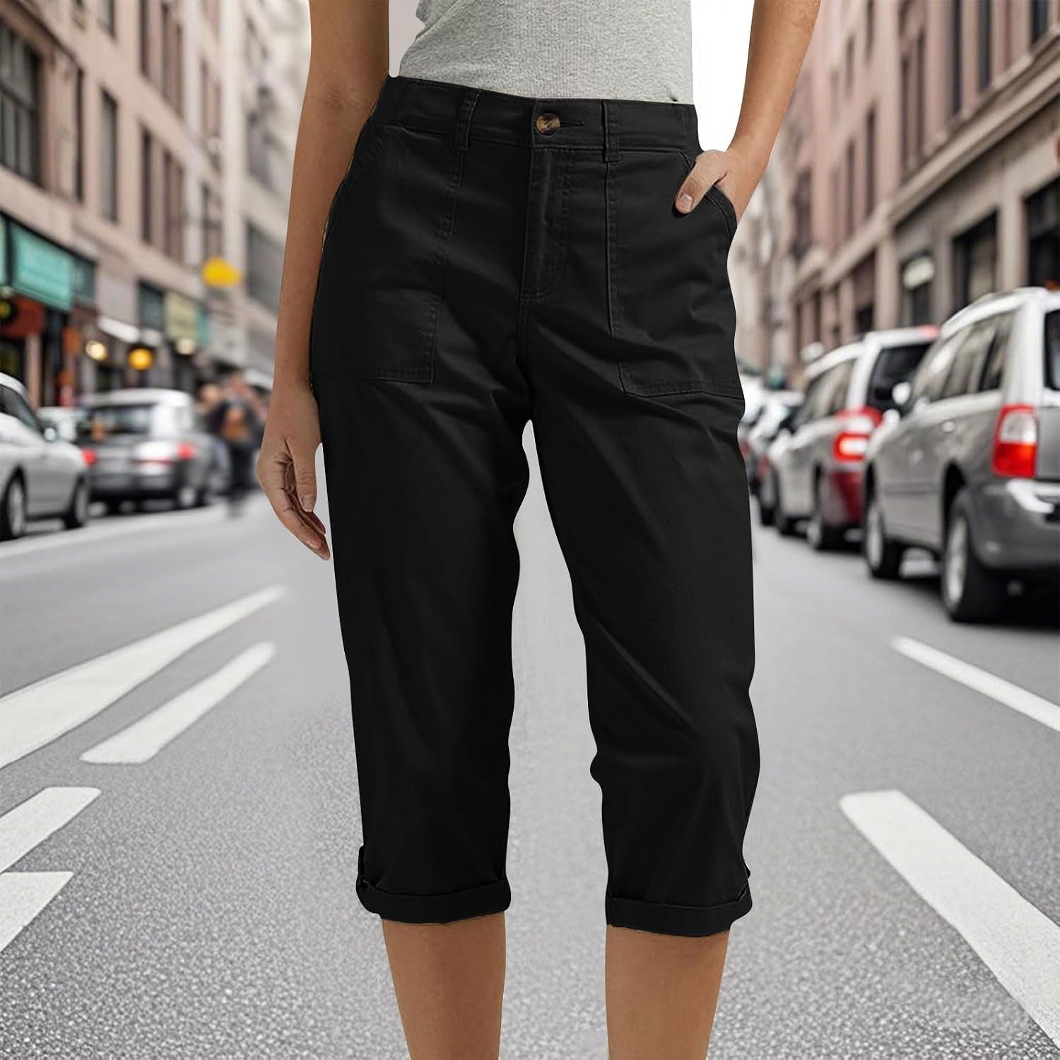 Women Capri Pants Summer Casual Loose Hiking Pants Elastic Waist Cuffed Hem Dressy Capris with Zipper Fly and Button