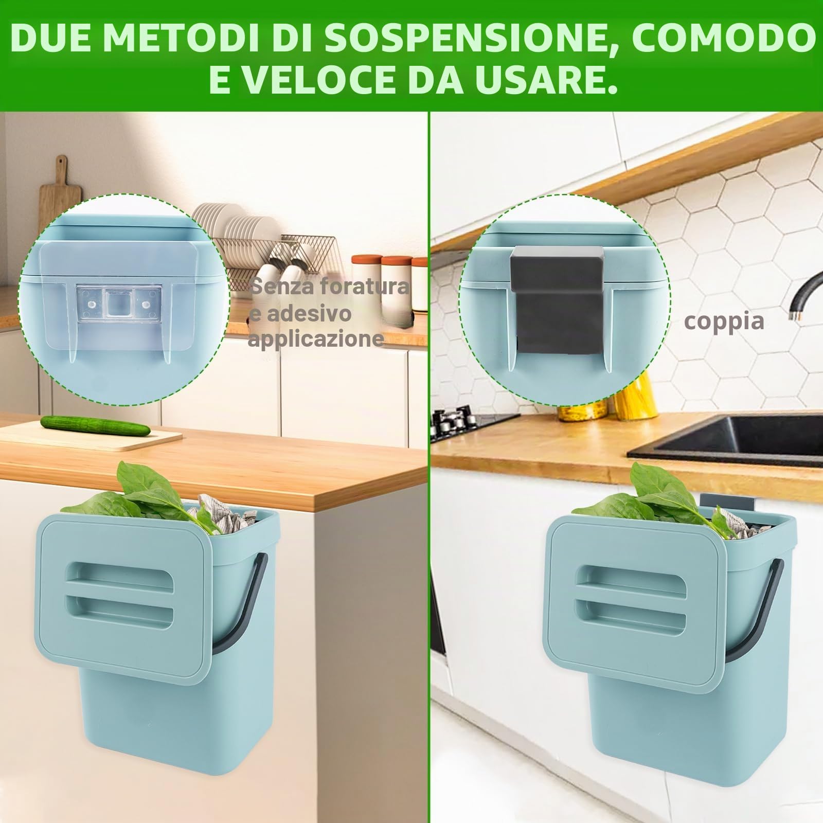 Secchio da Compost da Cucina Piccolo, Bidone della Spazzatura da Appendere, Biometro, Pattumiera per Piano di Lavoro, Contenitore con Coperchio, Compostiera, per Interni, 3 L, Blu.