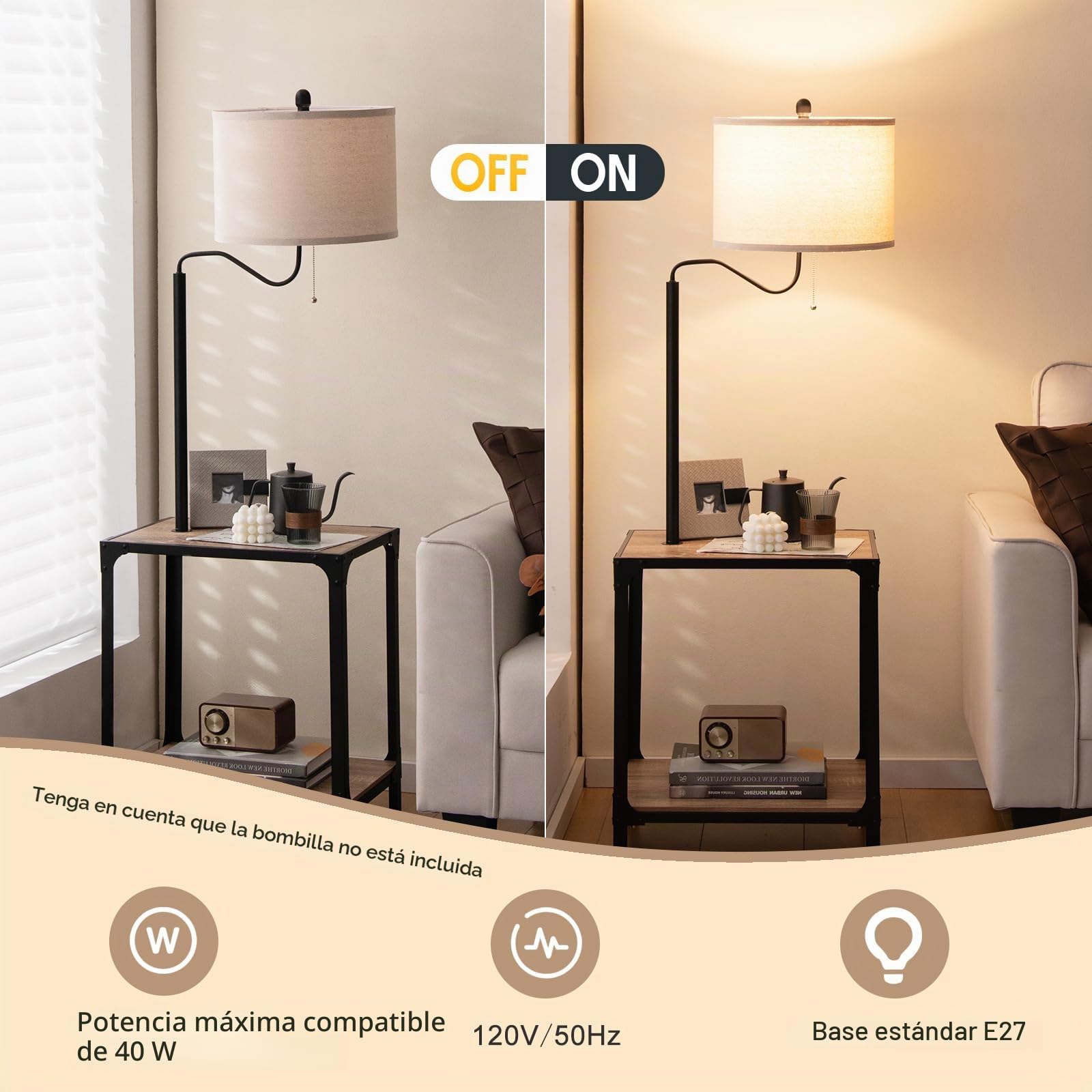HOMASIS Lámpara de Pie con Mesa Auxiliar y Puertos de Carga USB, Lámpara de Mesilla de Noche Giratoria 360°, con Lámpara E27 (No Incluida) para Salón, Dormitorio, Natural