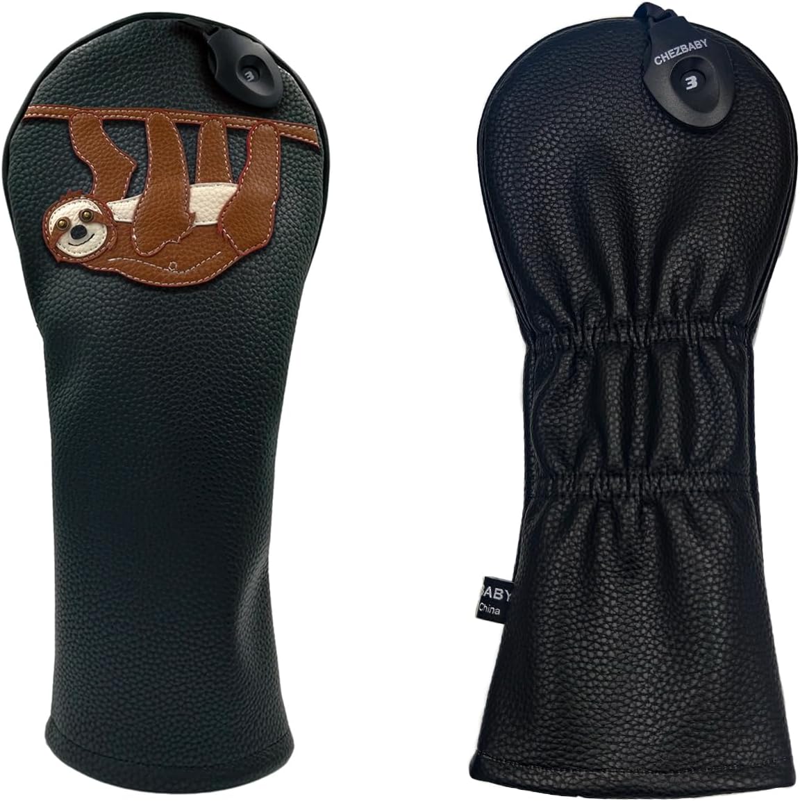 Sloth PU Leather Golf Club Covers Driver Headcovers Fairway Woods Hybrid Protector with Interchangeable Number Tag