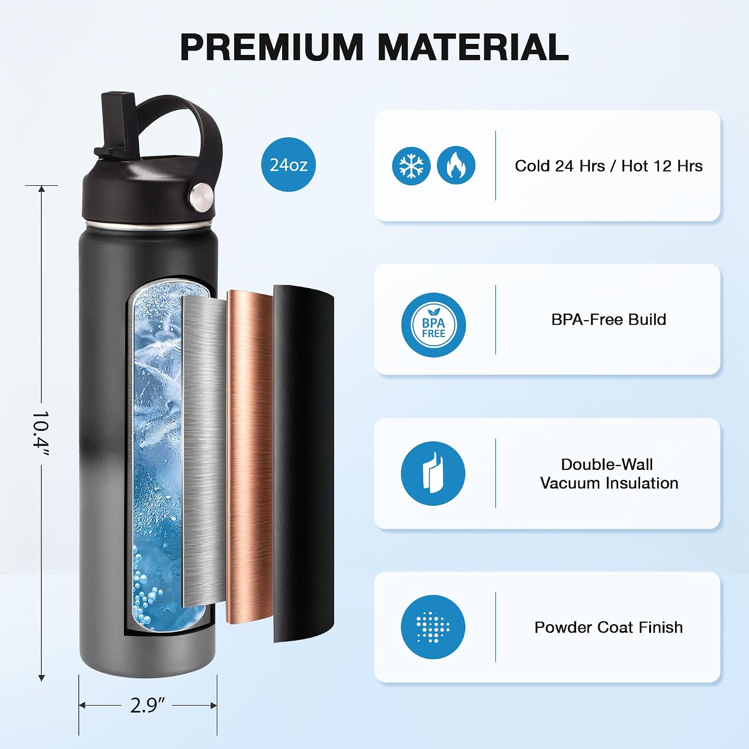 Insulated Water Bottle 24 oz with Straw, Stainless Steel Wide Mouth Water Bottle, Double Wall Vacuum Leak Proof with Straw Lid & Spout Lid for Sports or Office, Keep Cold or Hot Up to 24 Hrs image 2