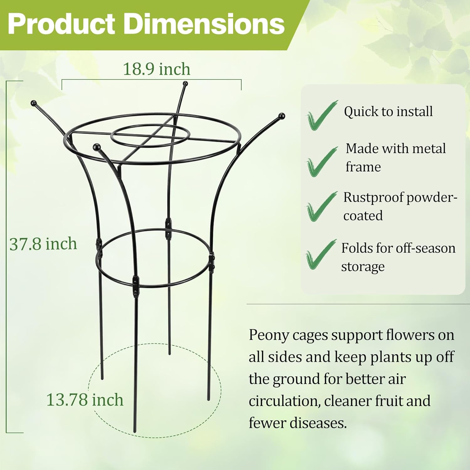 1 Pack Large Peony Cages and Supports, 38" H x 19" D Tall Heavy Duty 5mm Black Metal Garden Stakes for Outdoor & Indoor Plants, Sturdy Rust-Resistant Frame for Peonies Roses Flowers