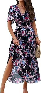 TcIFE Women's Summer Boho Dress V-Neck Floral Print Casual Dresses Short Sleeve Pleated Hem Flowy Dress