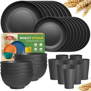 Teivio 32-Piece Wheat Straw Dinnerware Set for 8 - Unbreakable Black Plates, Bowls & Cups, BPA-Free, Dishwasher Safe