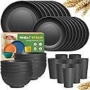 Teivio 32-Piece Kitchen Plastic Wheat Straw Dinnerware Set, Service for 8, Unbreakable Modern Dish Set - Dinner Plate/Dessert Plate/Cereal Bowl/Cup, for Apartment Essentials, Outdoor Camping,Black