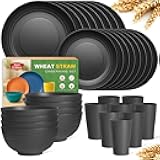 Teivio 32-Piece Kitchen Plastic Wheat Straw Dinnerware Set, Service for 8, Unbreakable Modern Dish Set - Dinner Plate/Dessert Plate/Cereal Bowl/Cup, for Apartment Essentials, Outdoor Camping,Black