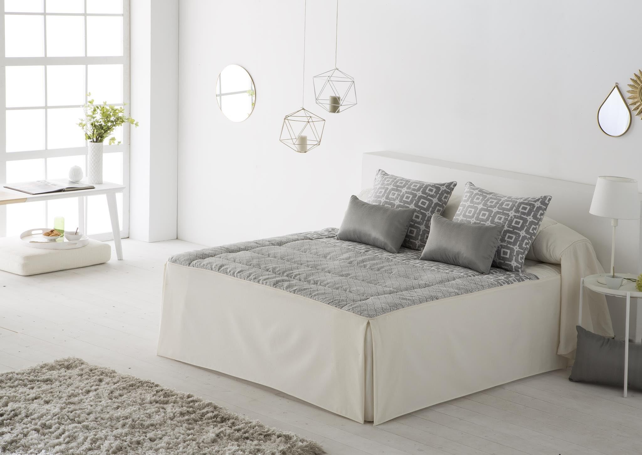 JVR | Cubrecolchón Acolchado Tamaño 135 con faldón para Cama, Protector y cubrecama Decorativo Elegante – Cubrecolchón Color Gris Proteger colchón y Toque Sofisticado