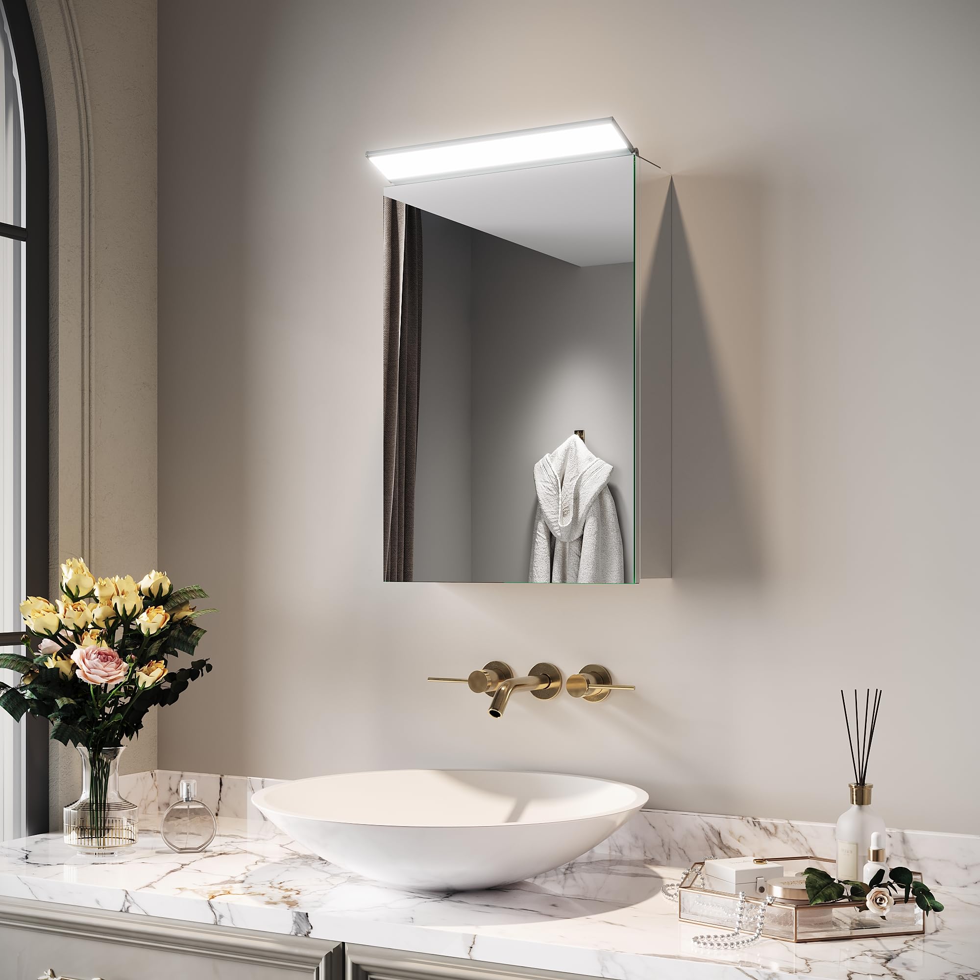 SIRHONA Armoire Murale Salle de Bain avec Éclairage LED, 36x52cm, Guide de lumière Acrylique, Armoire de Miroir de Salle de Bain en Acier Inoxydable, Armoire de Toilette, Blanc argenté