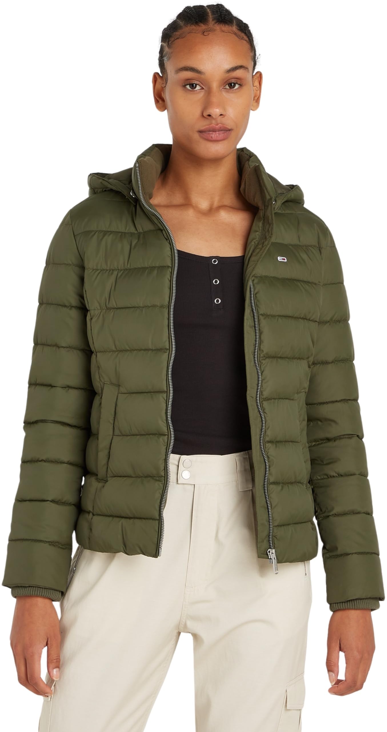 Tommy Jeans Women's TJW BASIC HOODED JACKET Puffer Jacket, Fatigue Green, XXS