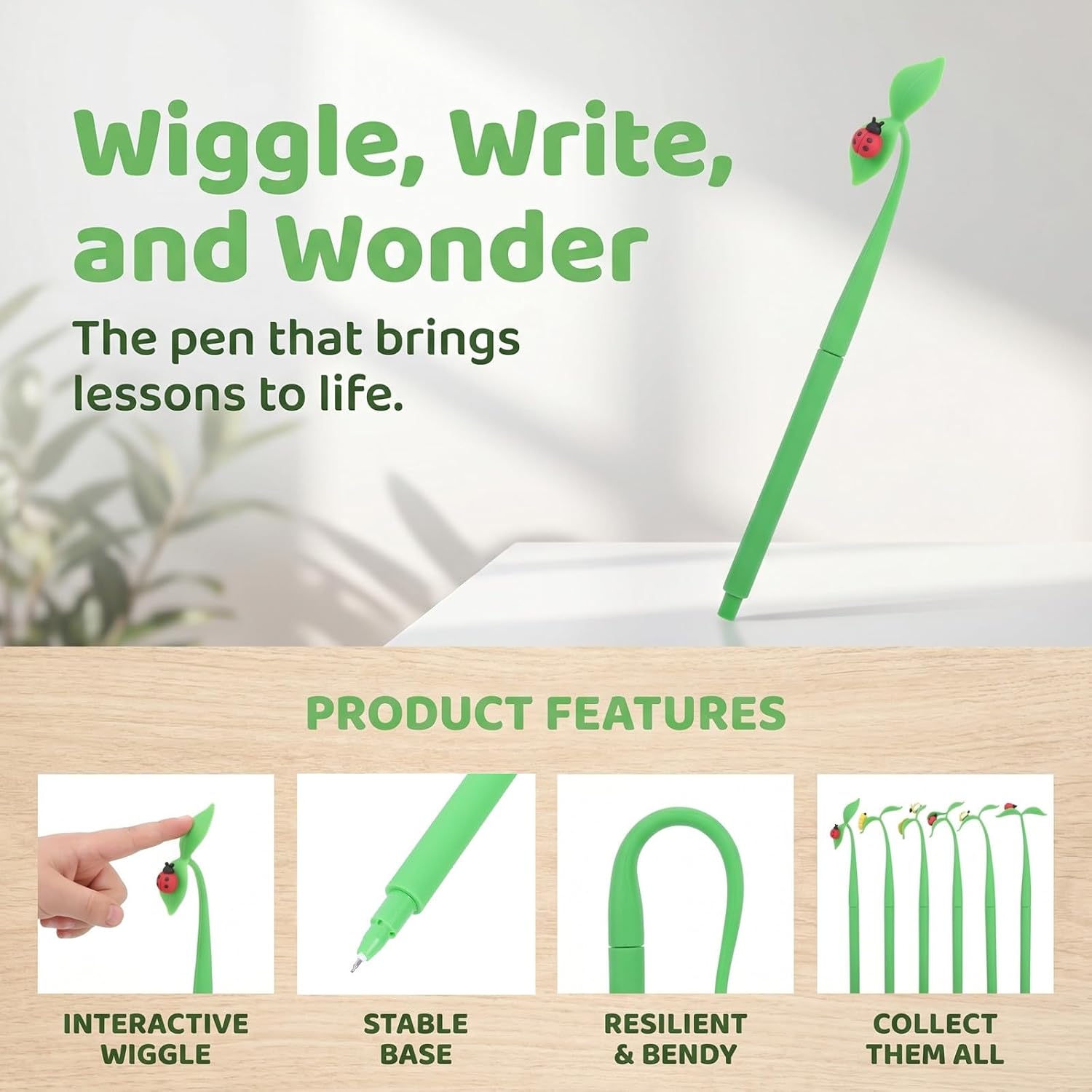 jojofuny 6pcs Grass Leaf Pens: Bendy Green Plant Sprout Shape Pens, 0.5mm Black Ink Fine Point with Insects Decor for Student Children Teacher Classroom Rewards