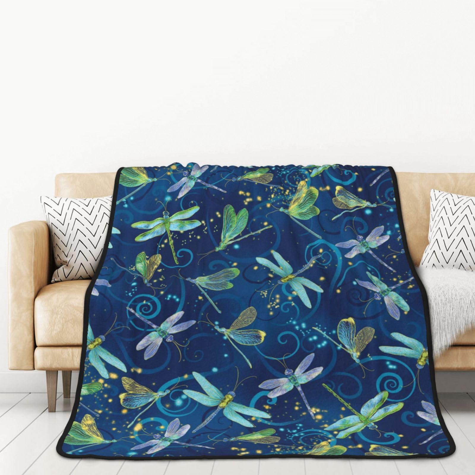 Dragonfly Printed Flannel Throw Blanket 152x203 CM - Warm and Cozy Sherpa Blanket Throw for Bed, Couch, Travel,Sofa Chairs