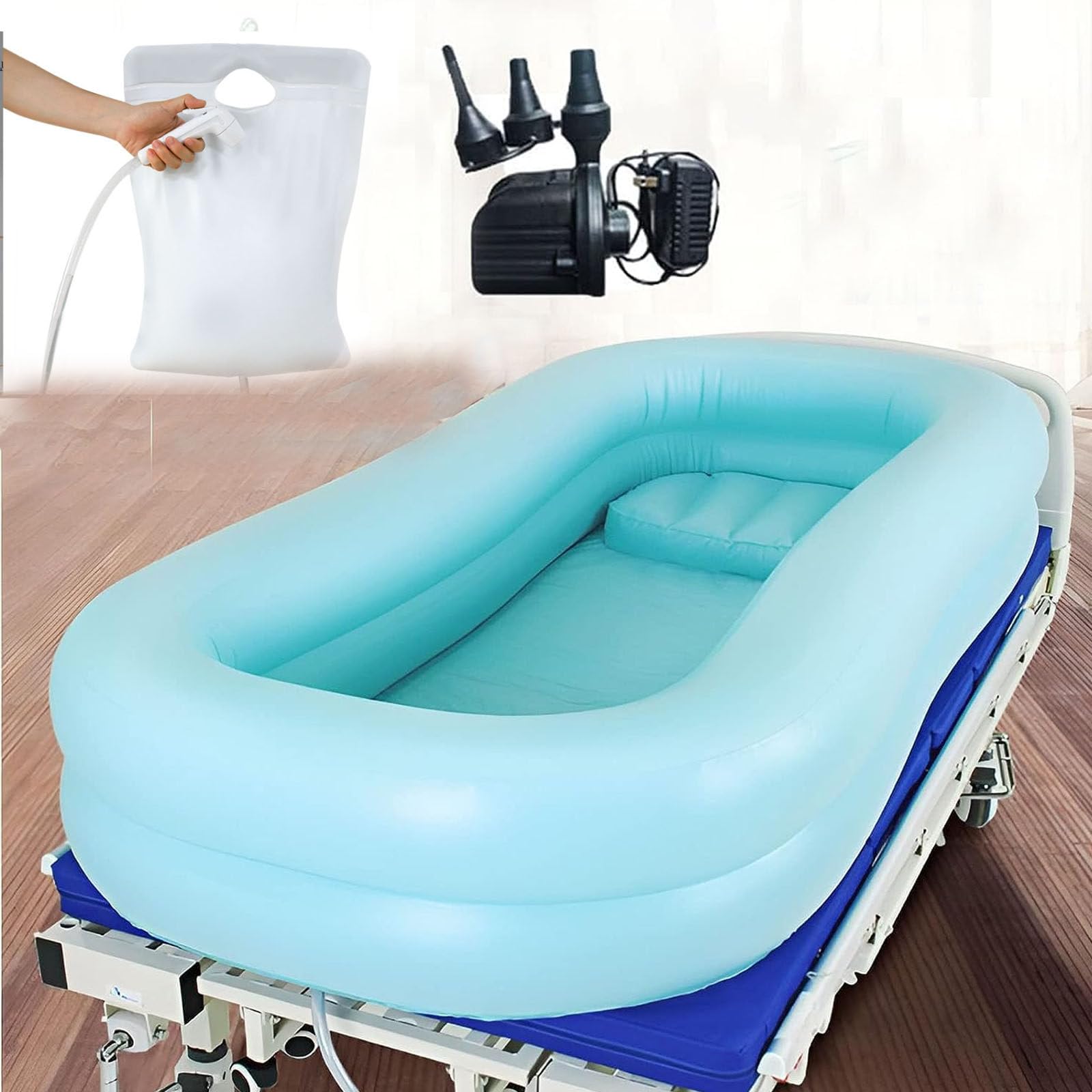 KUMIAO Bedside Shower Bathtub Kit for Elderly & Disabled - Inflatable Adult PVC with Electric Air Pump, 10L Water Bag - Convenient Fullbody Wash Tools