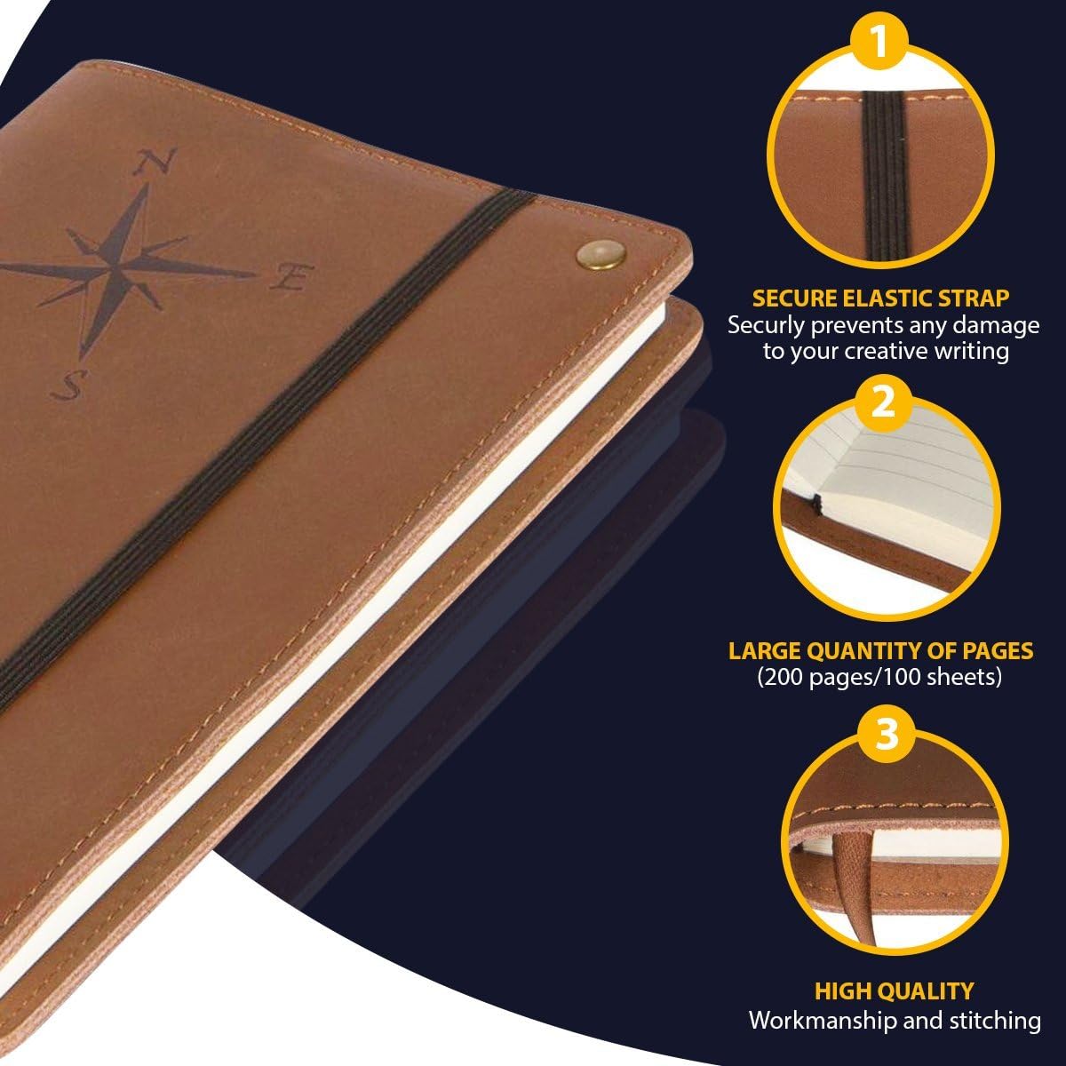 Compass Rose - Real Leather Journal – 6x8.5 Refillable Writing Notebook with Elastic Strap and 200 Lined Pages | Leather Diary for Writing, Journals for Men and Women, Ideal Gift or Planner