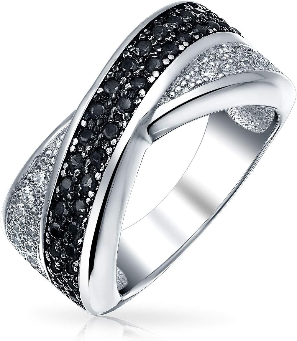 Bling Jewelry Two Tone Black and White Pave Cubic Zirconia CZ Criss-Cross X Band Ring for Women Girlfriend Gift .925 Sterling Silver