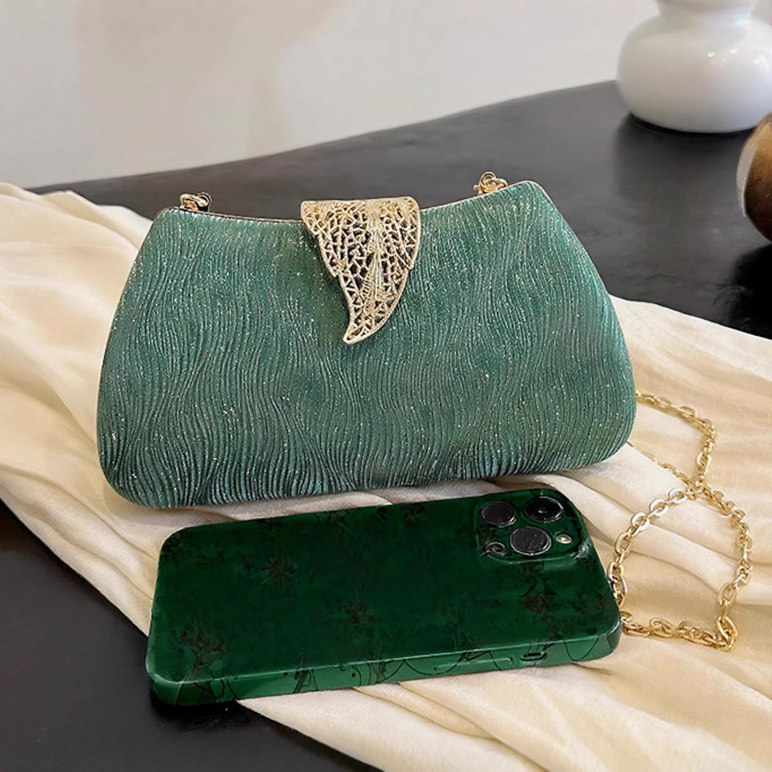 Elegant Evening Bag For Wedding, Sparkly Formal Purse, Glitter Prom Cocktail Party Clutch With Gold Metallic Leaf Clasp
