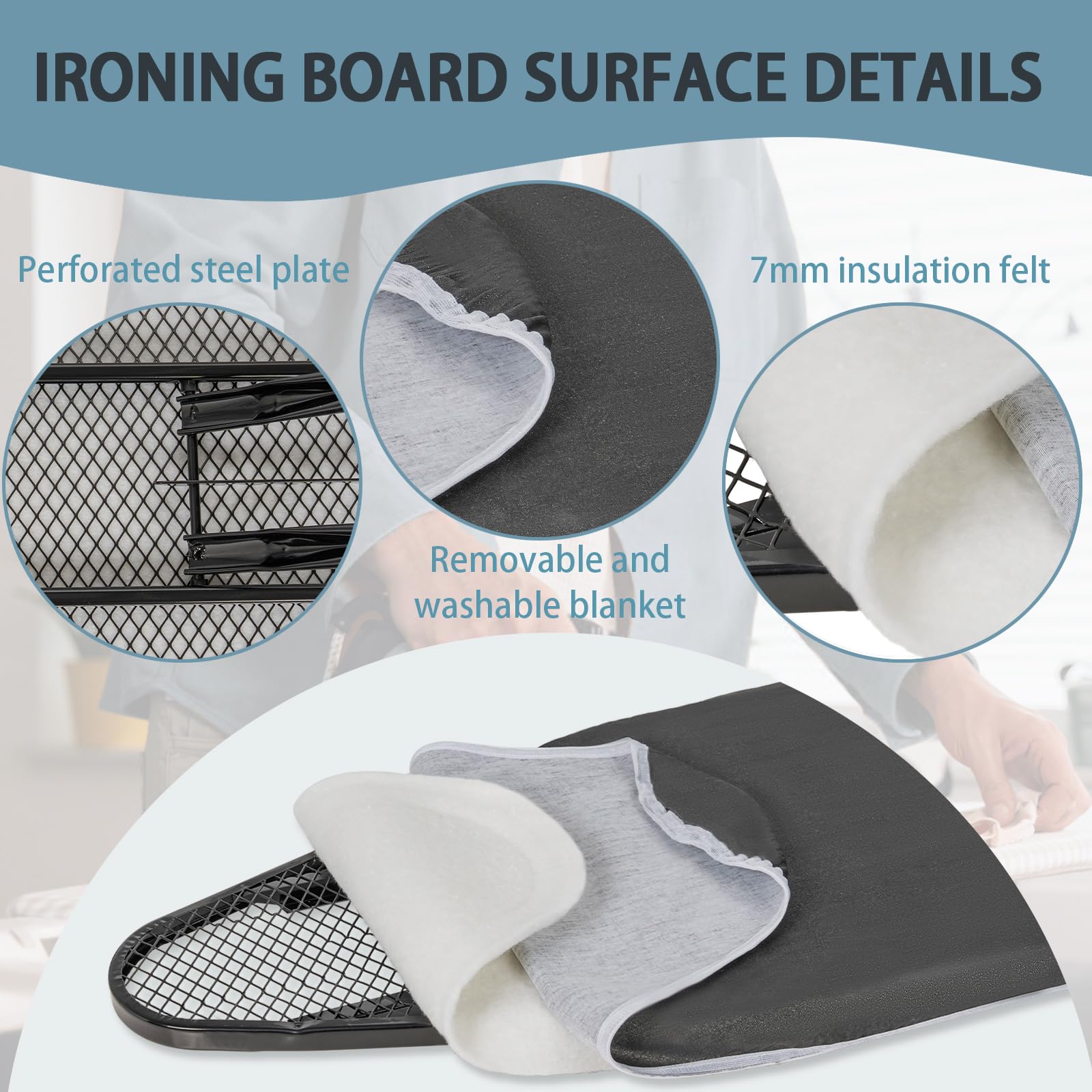 OUUTMEE Planche à Repasser 110x30 CM Pliable, Noir | Avec Repose-fer, Housse Résistante à Chaleur, Hauteur Réglable de 62 à 79CM, Pieds Antidérapants