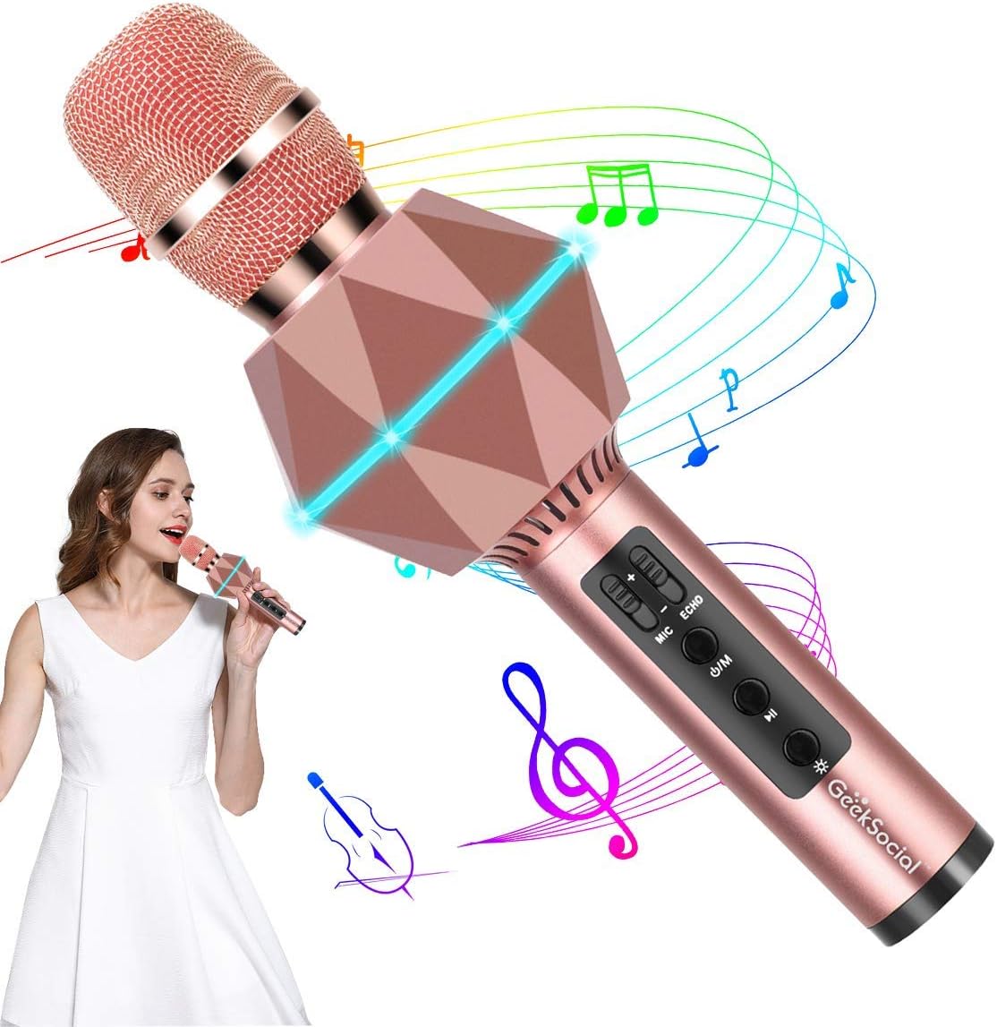 Microphone Bluetooth Karaoke Diamond Shaped with 7 Color LED Lights Singing Mic Wireless Speaker Light Portable Kids for KTV Home Party and Outdoor Compatible with iPhone Android Cellphon -Rose Gold