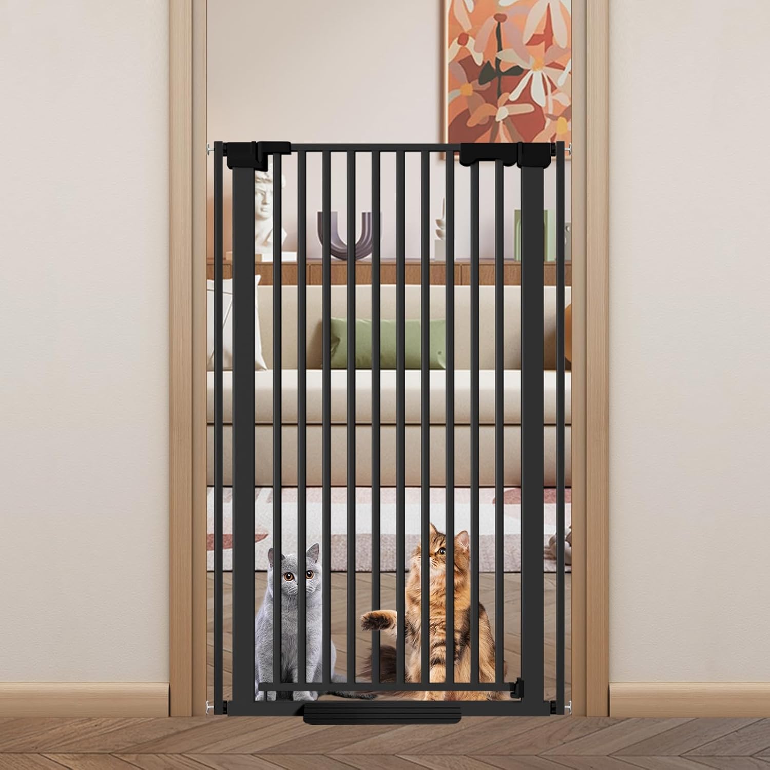 51'' Extra Tall Cat Gate Barrier for Doorways Hallways, Pressure Mounted Pet Dog Gates No Drilling Auto Close, Cat Fence Indoor Climb Proof 30-32.6'' Wide (Black)