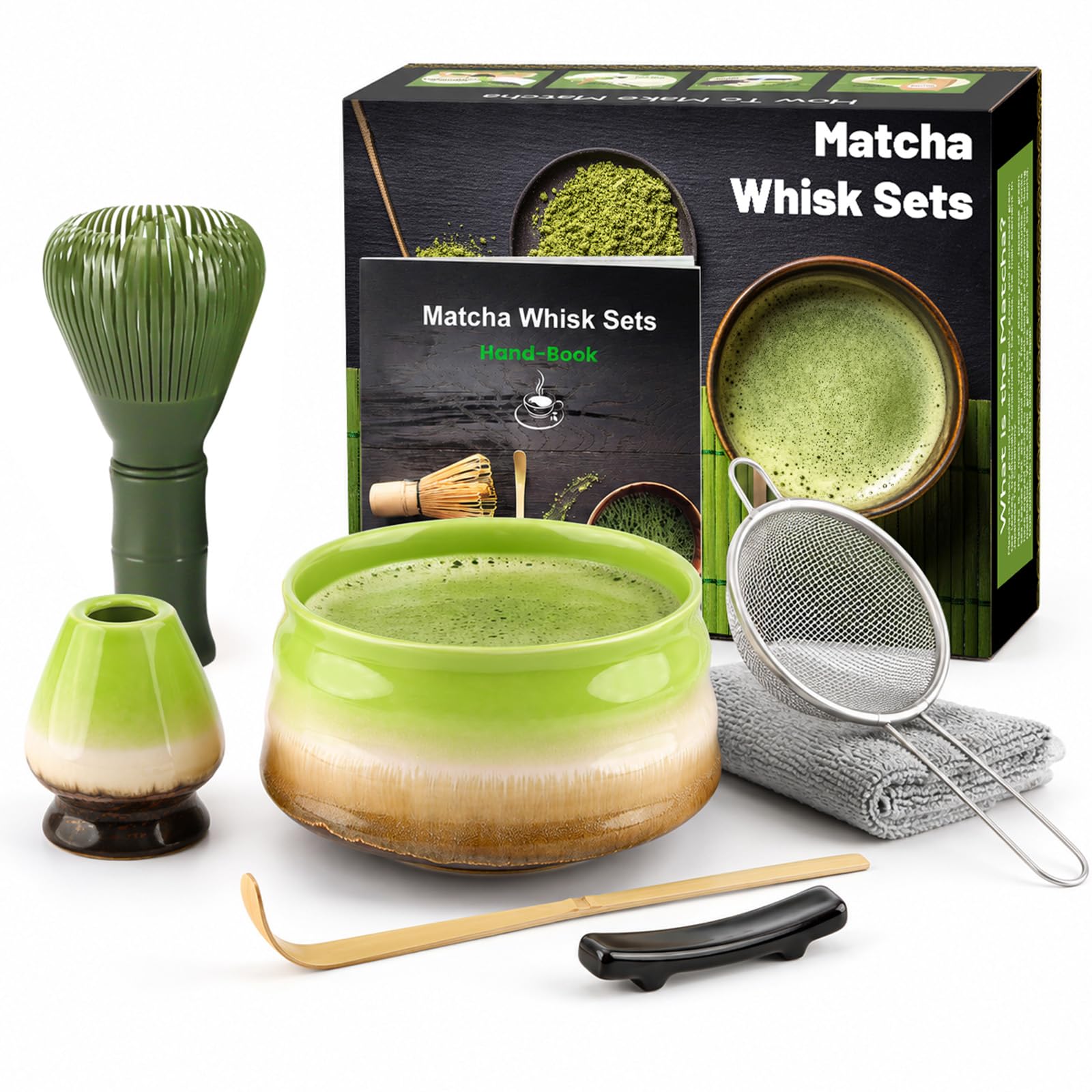 7pcs Matcha Set, Matcha Whisk Set - Matcha Whisk Plastic(Green), Whisk Holder, Matcha Bowl, Scoop, Sifter, Absorbent Cloth - Japanese Tea Ceremony Set for Home Use or as a Gift, Kiln-Change Green
