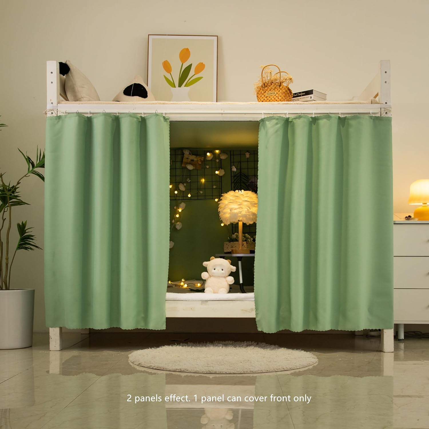 3-Layer Thicken Bunk Bed Blackout Curtains Privacy Cloth Twin Bottom Men Women Teens, Super Blackout Spring Green
