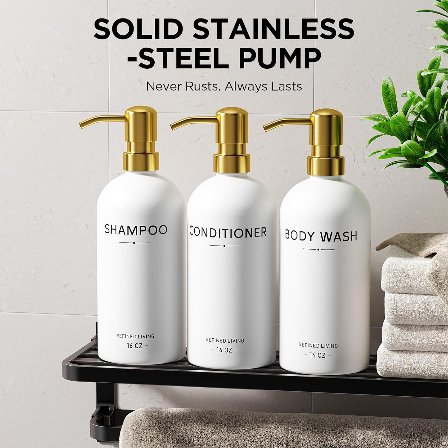 Shampoo and Conditioner Dispenser Set,3 Refillable 16oz Bottles with Stainless Steel Pumps – Shower Soap Dispensers for Bathroom, Hotel or Airbnb (Gold, 3-Pack) - Image 4