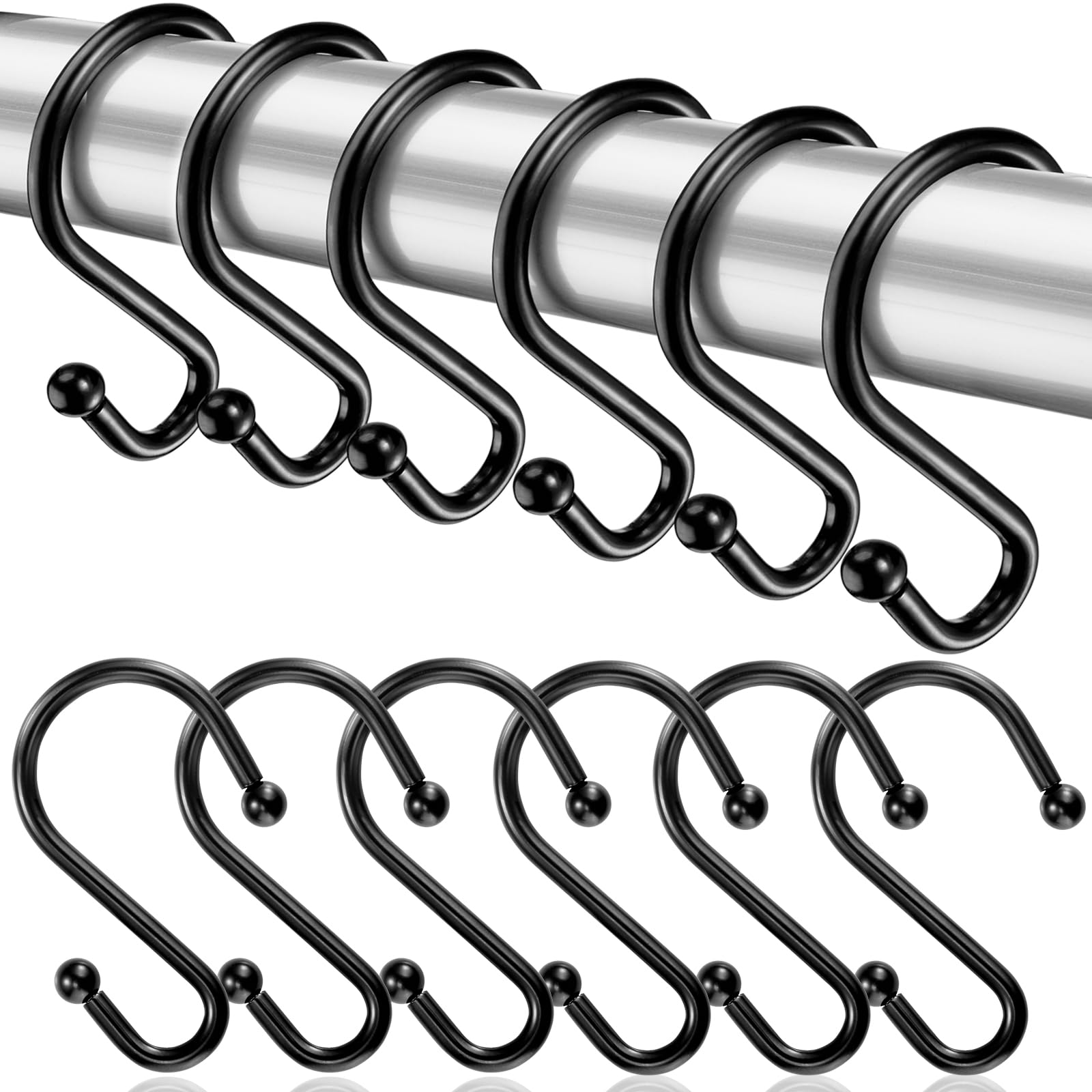 BellRhein Shower Curtain Hooks, Metal Shower Hooks for Shower Curtain Rod, Rust Proof Metal Shower Curtain Rings, S Hook Set of 12, Black.