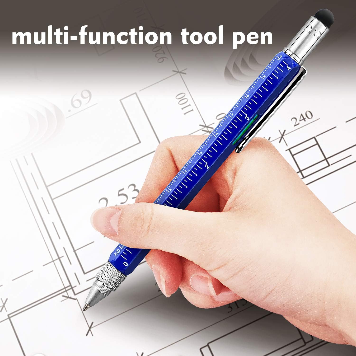 ZZTX Gift Pen for Men 6 in 1 Multitool Tech Tool Pen Screwdriver Pen with Ruler, Levelgauge, Ballpoint Pen and Pen Refills, Unique Gifts for Men, 1 Pack (Blue)
