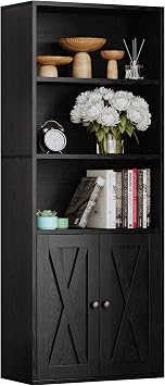 IRONCK 5-Tier Bookshelf, 11.8in Depth Bookcase with Doors Industrial Bookshelf with Storage,Floor Standing Display Storage Shelves for Home Office, Living Room, Industrial Black