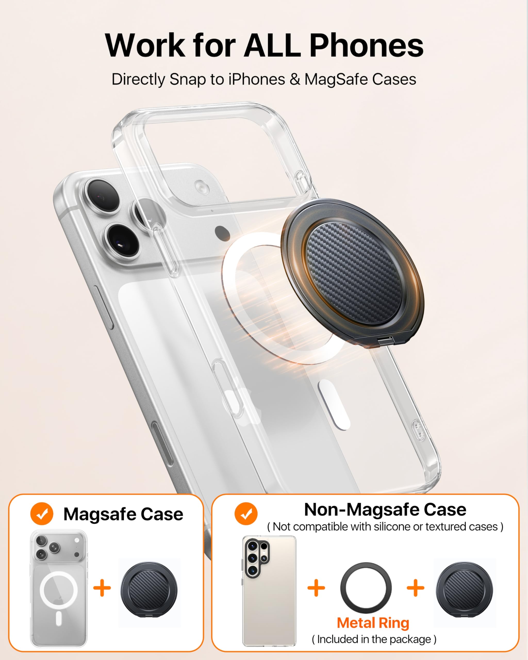 andobil [2026 Ultra-sottile] Impugnatura magnetica per telefono [rotazione a 360°] Supporto magnetico ad anello per cellulare e cavalletto