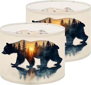 Rustic Lamp Shades Bear Trees Sunset Wild Animal Forest Scene Cabin Lampshades set of 2 Light Shade for Table Lamps Pendant Light Floor Lamps Drum Rustic Lamp Shades Easy Assembly